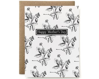 Eco-Friendly 100% Recycled Botanical Mother's Day Card - B&W Strawberry