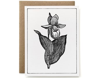 Eco-Friendly 100% Recycled B&W Botanical Card - Showy Lady's Slipper Orchid Flower | Cypripedium Reginae