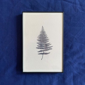 Puede incluir: Una impresión enmarcada en blanco y negro de una hoja de helecho sobre un fondo blanco.