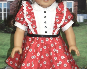 Historic 18" doll 1940s Ruffle Front Dress in Red with Daisies