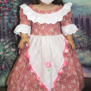 Historic 18" Doll Circa 1860s Embroidered Handkerchief Dress in Antique Rose