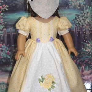 Historic 18" Doll Embroidered Rose Panel Front Dress in Yellow