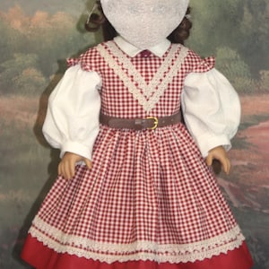 Historic 18" Doll 1860s Ruffled Drop Sleeve Dress in Antique Red Gingham Check