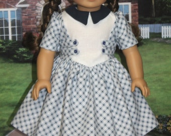 Historic 18" Doll Tabbed Plastron Front Dress in Blue and White Check