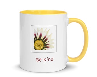 White Ceramic "Be Kind" Flower Mug with Yellow Color Inside