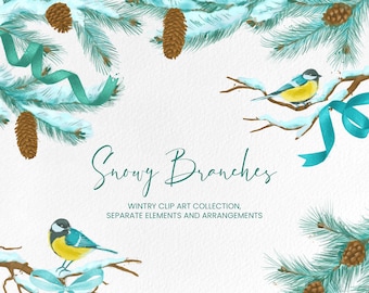 Snow Branches Winter Clip Art Illustration Bundle. Hand drawn blue wreaths, arrangements, tree, birds illustrations, graphic elements