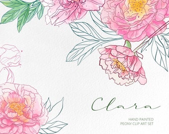 Modern peony flower Clip Art Illustration Bundle. Abstract pink peonies, leaves, flower buds clipart elements, simple flower arrangements