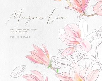 Modern Magnolia flower Clip Art Illustration Bundle. Abstract pastel pink spring flower line art clipart, simple flower arrangements