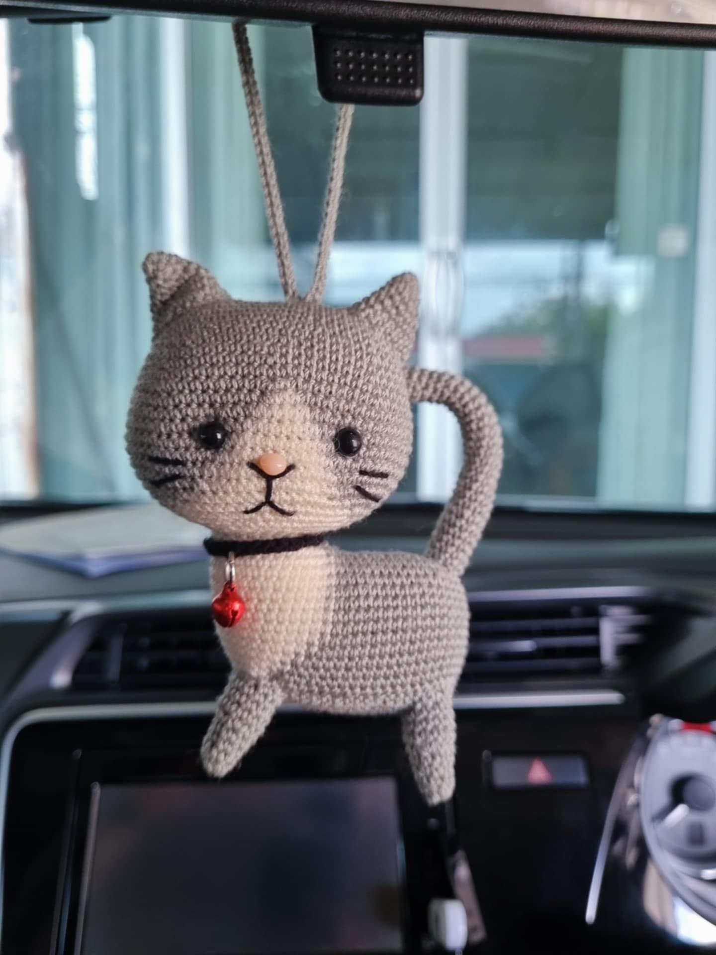 Crochet Bicolor Cat Car Charm: Handmade Rearview Mirror Accessory
