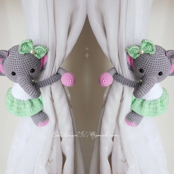 A Pair Of Elephant Crochet Curtain Tie Back Elephant Tie Etsy