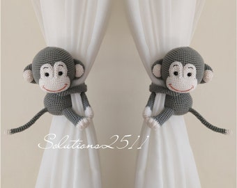 Monkey Curtain Tie Backs, Crochet Monkey Curtain Tie Backs, Monkey Tie Backs, Nursery Curtain Tie Backs, (Made to order)