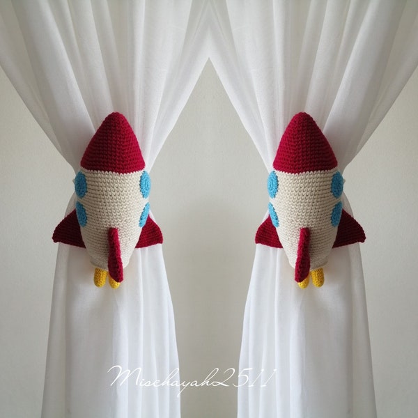 Rocket Tiebacks, Rocket crochet, Rocket Ship Crochet Tie Backs, Nursery Curtain Tie Backs, (Made to order)
