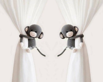 Crochet Monkey Curtain Tie Backs: Light Gray Nursery Decor