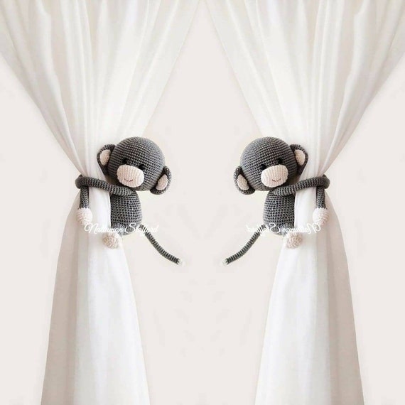 Crochet Monkey Curtain Tie Backs: Light Gray Nursery Decor