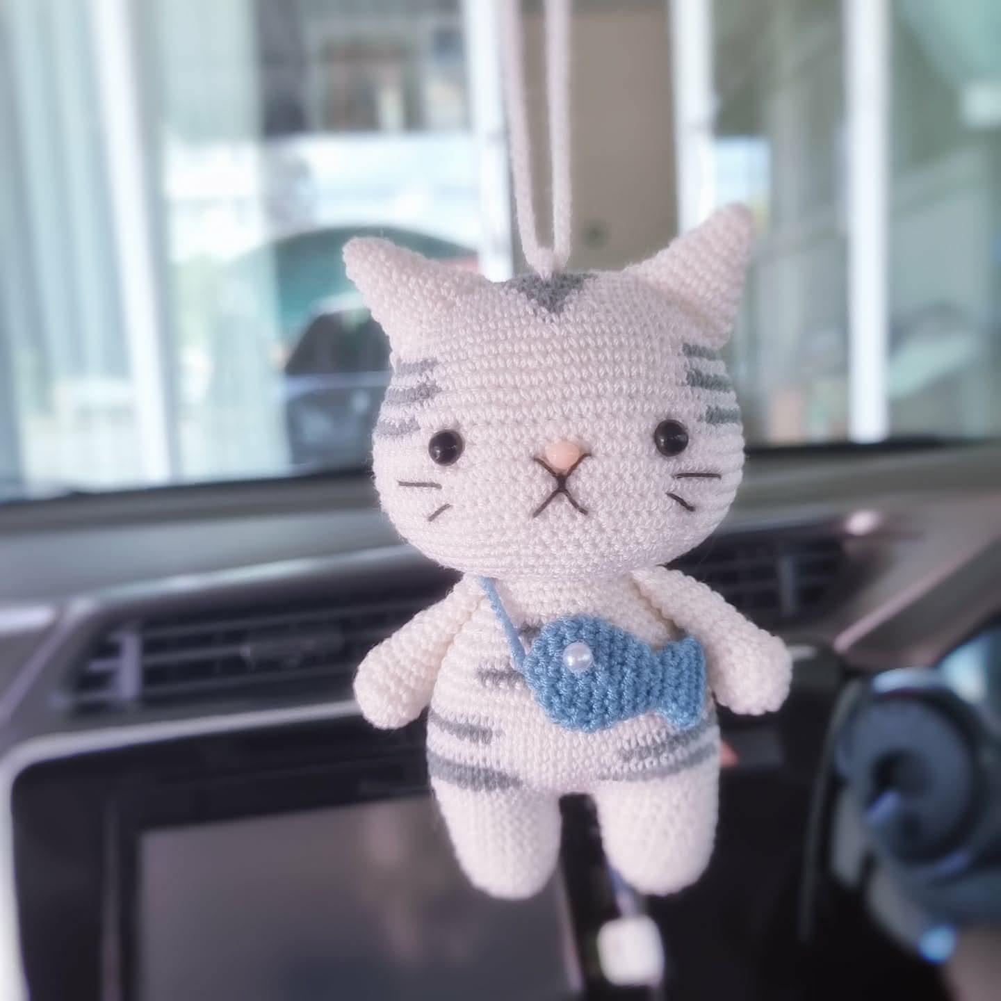 Crochet Cat Car Charm: Handmade Rearview Mirror Hanging Accessory