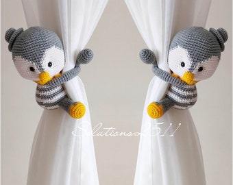 Baby Penquin Curtain Tie Backs, Penquin Crochet Tie Backs, Nursery Curtain Tie Backs, (Made to order)