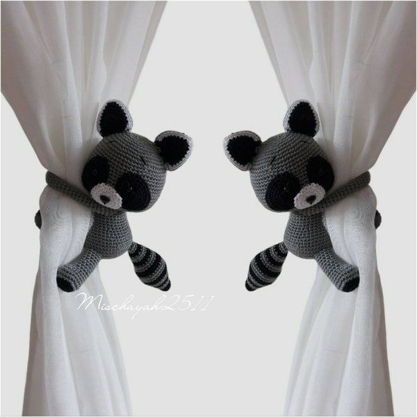 Raccoon Crochet Curtain Tie Backs, Crochet Raccoon Curtain Tie Backs, Nursery Curtain Tie Backs (Made to order)