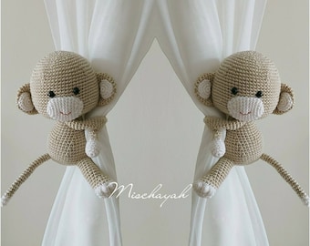 Monkey Curtain Tie Backs, Crochet Monkey Curtain Tie Backs, Nursery Curtain Tie Backs,monkey, nursery decor, nursery room (Made to order)