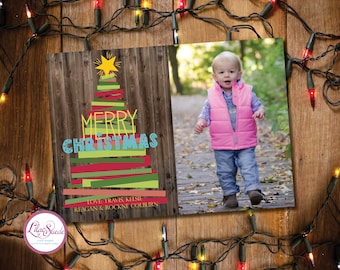 Merry Christmas Holiday Photo Card Template | Barnwood and Bright Colors | Digital Print or Order Prints