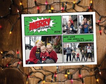 Super hero christmas card  | comic book | family fun | 4 picture | red and green | christmas card | holiday card | digital or print yourself