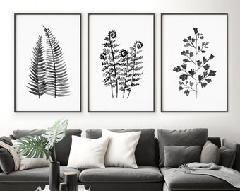 Black and White Wall Art, Botanical Prints, Set of 3 Fern Watercolor Painting, Botanical Wall Decor, Minimalist Wall Art, Physical Print