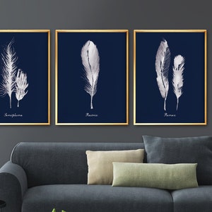 Set of 3 Feathers Wall Art, Dark Blue Feather Art Print, Feather Decor, Minimalist Feather Prints, Navy Blue Art Print, Feather Painting