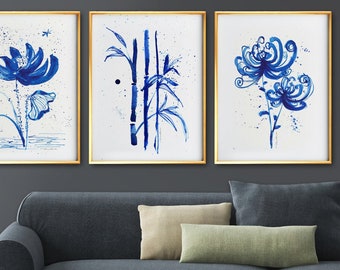 Blue Chinoiserie Wall Art, Classic Blue and White Decor, Lotus Bamboo Chrysanthemum Watercolor Painting, Set of 3 Botanical Large Wall Art,