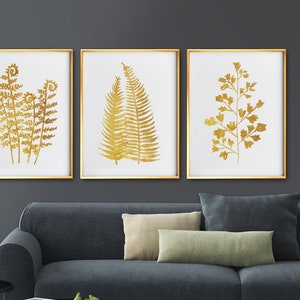 Fern Botanical Print Set of 3 Prints, Gold and White Botanical Pictures Living Room Large Wall Art, Fern Home Decor, Fern Watercolor Art