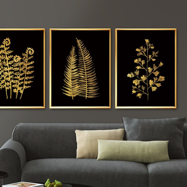Black and Gold Fern Prints, Botanical Print Set of 3, Large Wall Art Fern Leaf Watercolor, Gold Plants Artwork, Hollywood Regency Styles