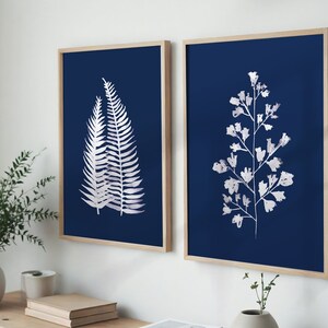 Navy Blue Botanical Large Wall Art Fern Print Hamptons Style Home Decor ...