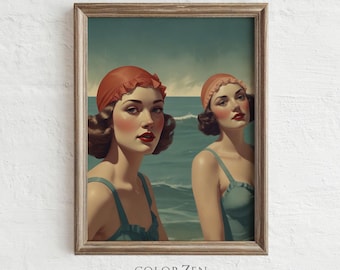Retro Swimmers Wall Art, Coastal Decor, Tropical Bathroom Print, Teal Blue Beach House Decor, Vintage Swimsuit Women Digital Download, L143