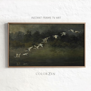May include: A rectangular landscape wall art print in a wooden frame featuring a dark, moody painting of a flock of white birds flying over a misty, shadowed forest. The text INSTANT FRAME TV ART and COLOR ZEN is printed above and below the artwork.
