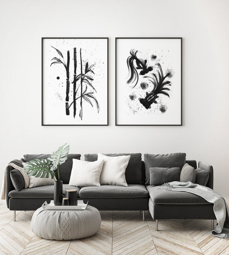 Asian Print Set of 2 Asian Wall Decor Black White Wall Art Etsy