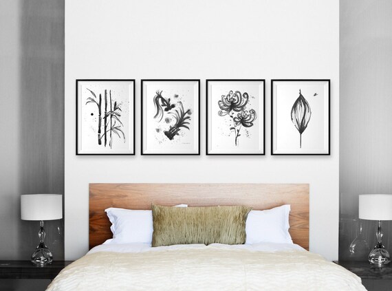 Asian Print Asian Wall Decor Black White Wall Art Black Botanical Print Modern Chinese Wall Art Living Room Wall Art Bamboo Lotus