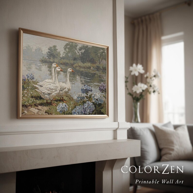 Country farmhouse wall art showing white geese and blue hydrangeas by a calm lake. Impressionist oil painting look. Perfect summer cottagecore decor for living rooms with light or dark walls.