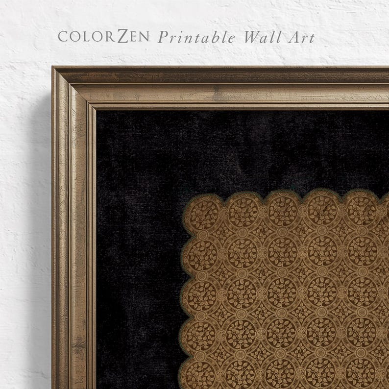 Elegant printable wall art displayed in a dark bronze frame. The artwork features a beautiful golden lace design with a scalloped edge, set against a rich black background. This instant download is perfect for adding a touch of luxury and charm to your living space.