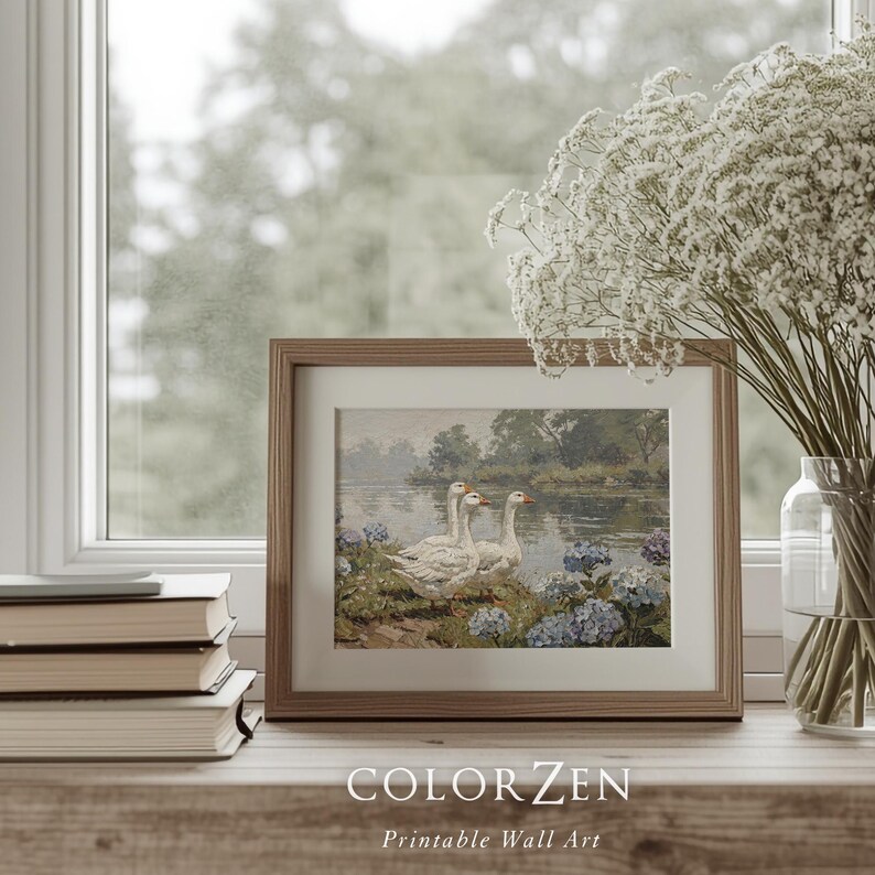Rustic farm decor mockup featuring a country geese oil painting on a dark paneled wall. Timeless spring or summer nature art that easily transitions into modern cozy home styling.