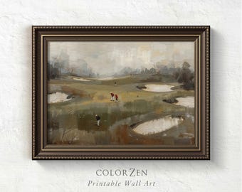 Vintage Golf Painting, Abstract Tiny Golfers Print, Minimalist Sports Wall Art, Golf Gift for Dad, Instant Download L184