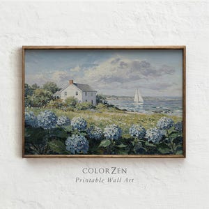 Moody New England Cottage Hydrangea Flower Print, Grandmillennial Floral Coastal Printable Wall Art, Summer Cape Cod Beach House Decor, L540