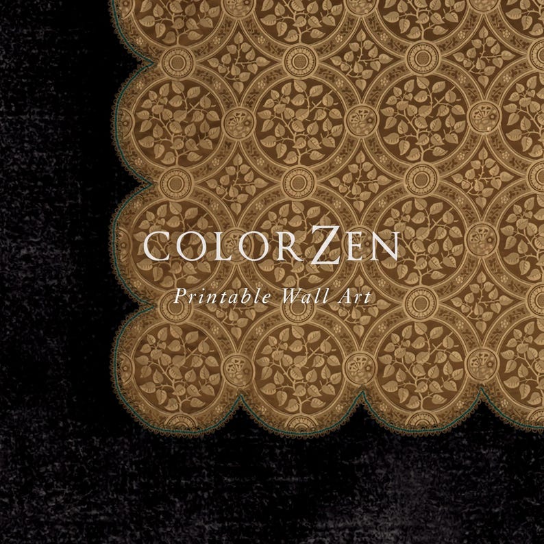 A close-up of an ornate printable wall art design, showcasing a golden lace pattern framed in a classic metallic frame. The intricate details contrast beautifully with the deep black background, making it an ideal choice for elegant home decor. Instant download available.