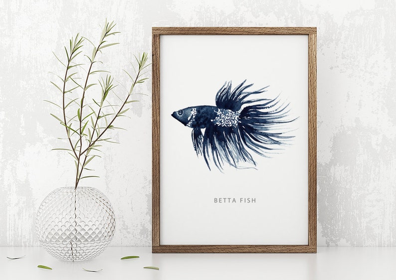 Ocean Themed Living Room Art Set Navy Blue Artwork Puffer Fish Art Betta Fish Print Sea Turtle Print Sea Life Print Set of 6