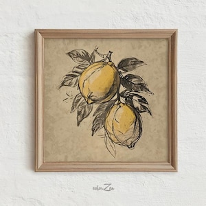 Citroen Art Print, citroentak afdrukbare muurkunst, rustieke keuken decor, fruit schets, Cottagecore esthetische print vintage boerderij muur kunst