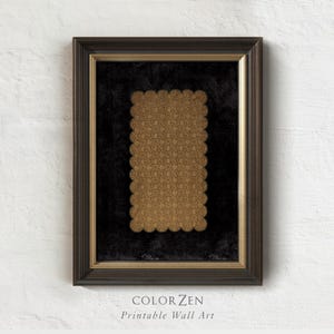 May include: Framed wall art featuring a rectangular gold-colored design with a scalloped edge, set against a black background. The frame is dark brown with a gold inner border. The text "COLOR ZEN Printable Wall Art" is at the bottom.