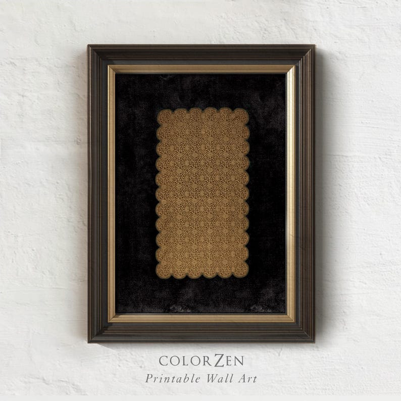 May include: Framed wall art featuring a rectangular gold-colored design with a scalloped edge, set against a black background. The frame is dark brown with a gold inner border. The text "COLOR ZEN Printable Wall Art" is at the bottom.