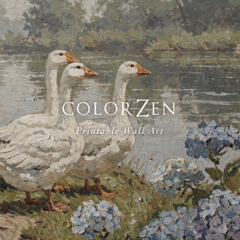 Close-up of vintage goose painting. Textured oil brushstrokes on canvas showing detailed white feathers and blue hydrangea flowers. Muted rustic aesthetic for modern or traditional homes.