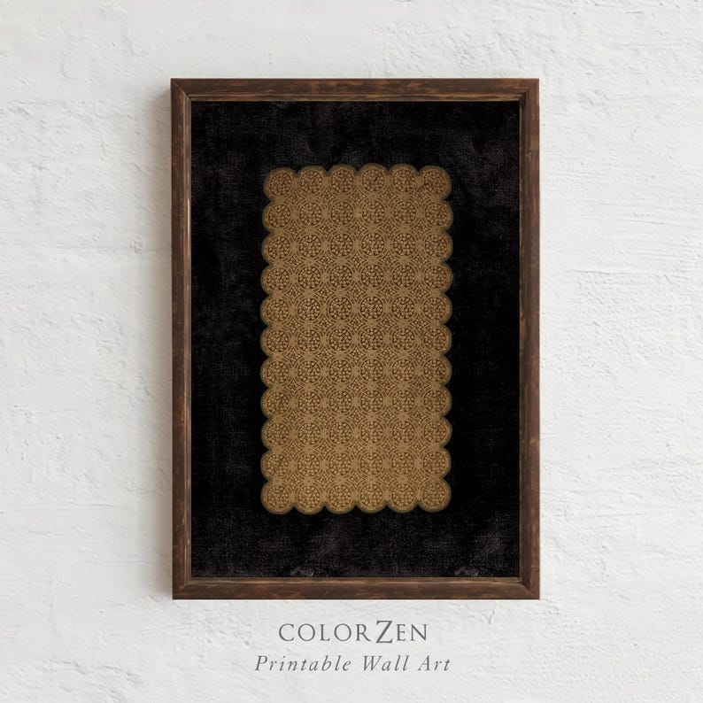 A framed printable wall art featuring an intricate golden lace pattern on a deep black background. The design is scalloped and ornate, showcasing delicate details that enhance its elegance. Ideal for home decor, this instant download adds sophistication to any space.