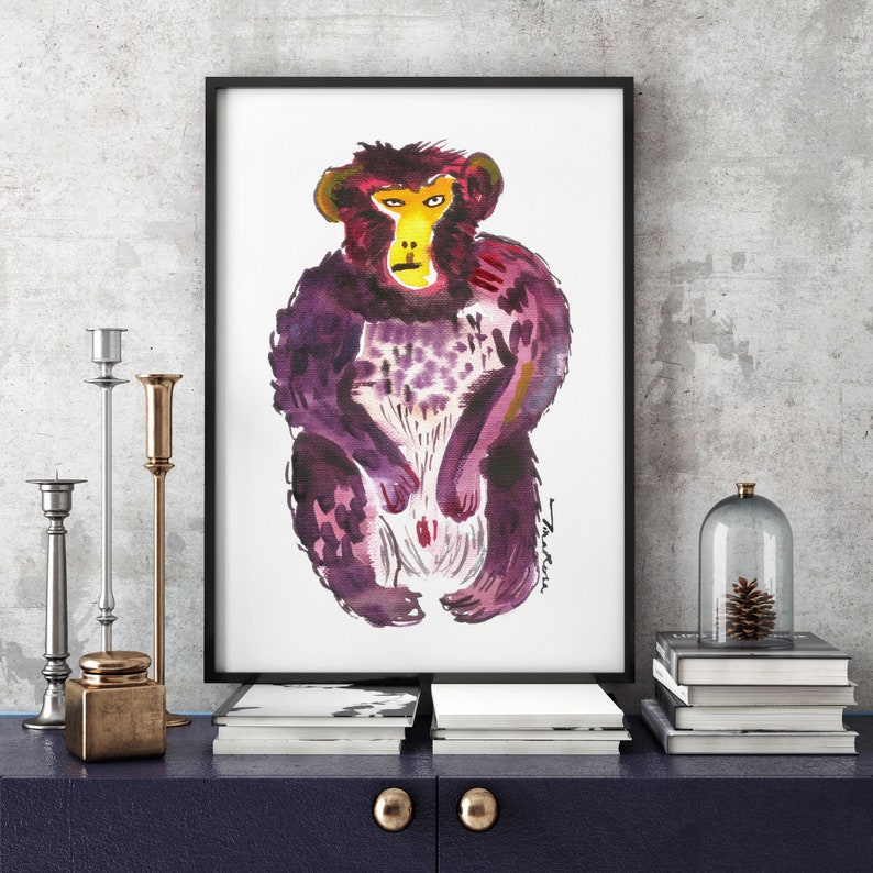 Monkey Art Print, Funny Purple Monkey Folk Art, Watercolor Print, Quirky Cute Monkey Poster, Animal Wall Art, Monkey Gift for Animal Lover image 2