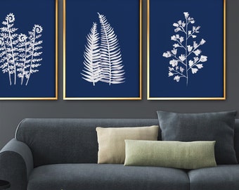 Digital file - Navy Blue Fern Set of 3 Botanical Wall Art, Fern Watercolor Art, Farmhouse Printable Art, Indigo Blue Hampton Style