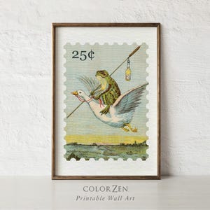 Whimsical Frog Art, Flying Goose Retro Illustration, Cute Animal Print, Fantasy Wall Art, Playful Nursery Decor, Green Spring Wall Decor C26