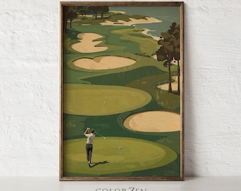 Retro Golf Print, Golf Artwork, Green Golf Painting, Vintage Golf Course Art Posters, Sport Wall Decor, Printable Digital Download L141